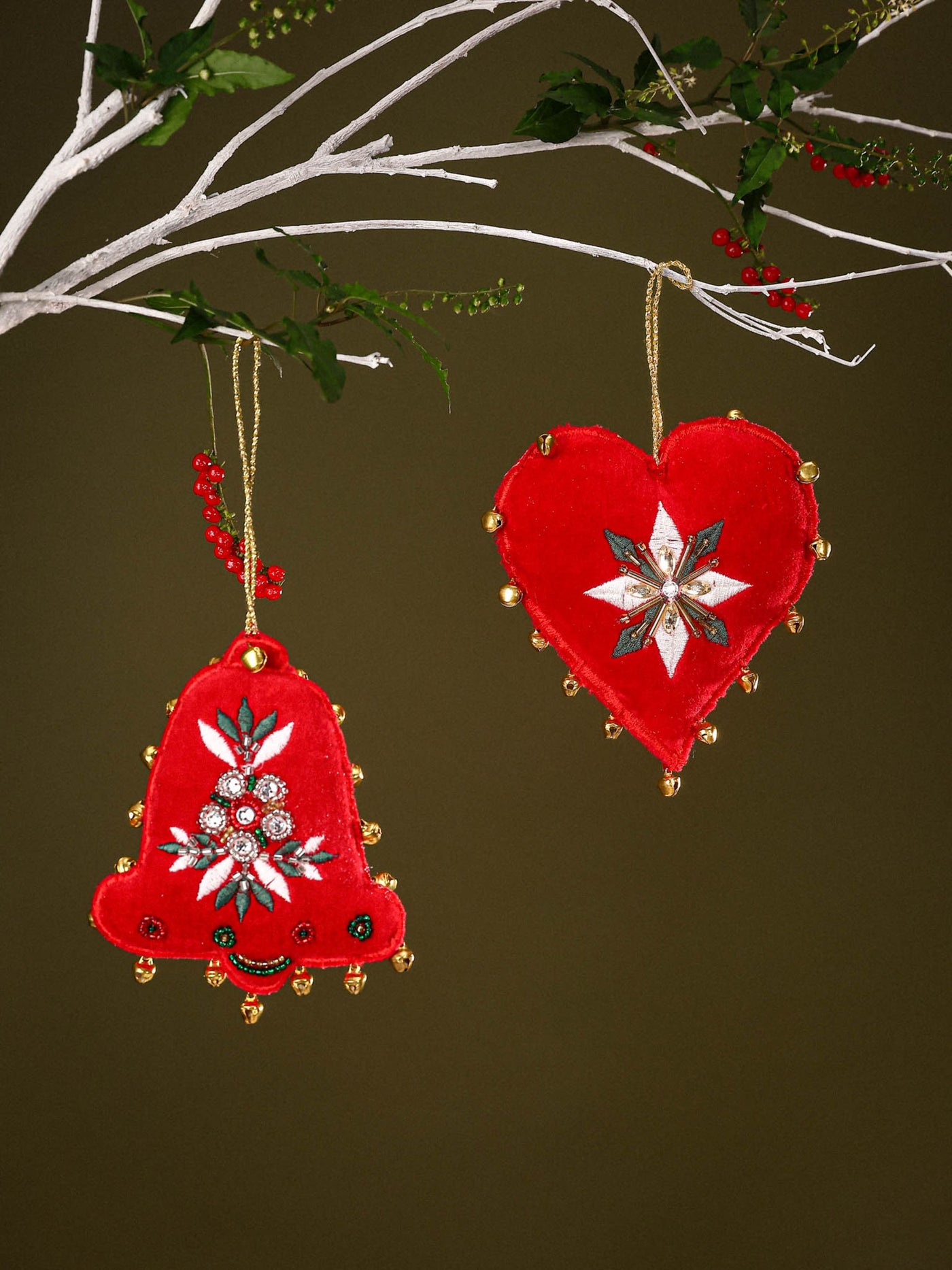 Heart & Bell Shaped Embroidered Ornaments