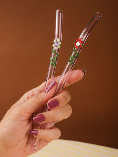 Handblown Floral Glass Straws