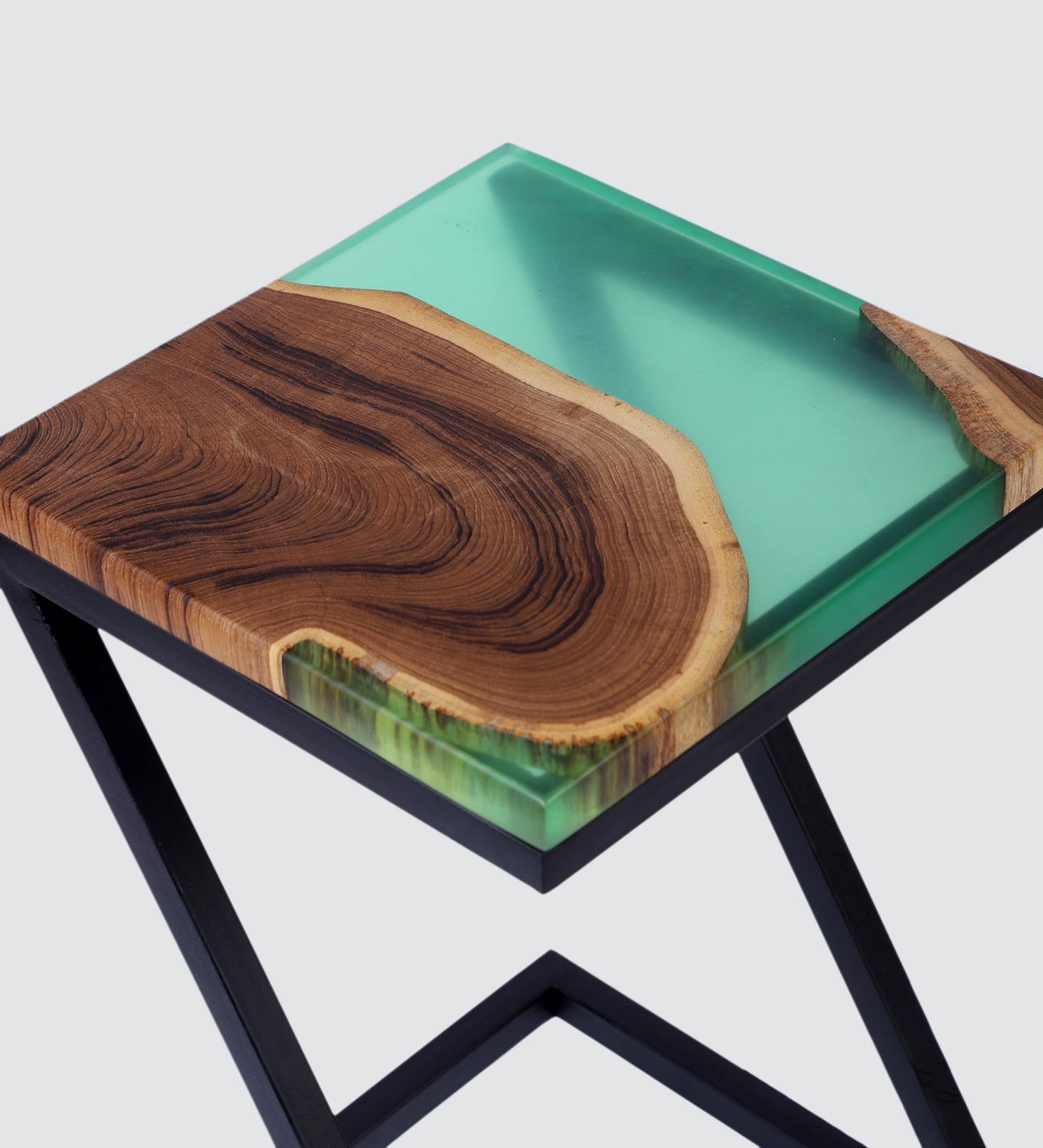 Epoxy Solid Wood End Table – Teak Wood with Green Resin Finish