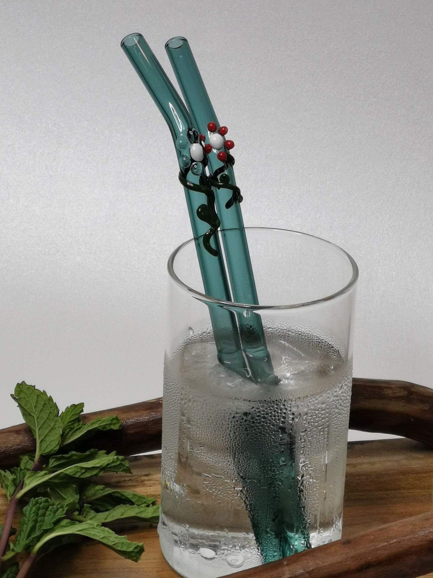 Glass Straws Floral Art  Set of 2 - Aqua Green