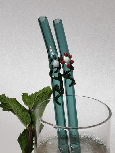 Glass Straws Floral Art  Set of 2 - Aqua Green