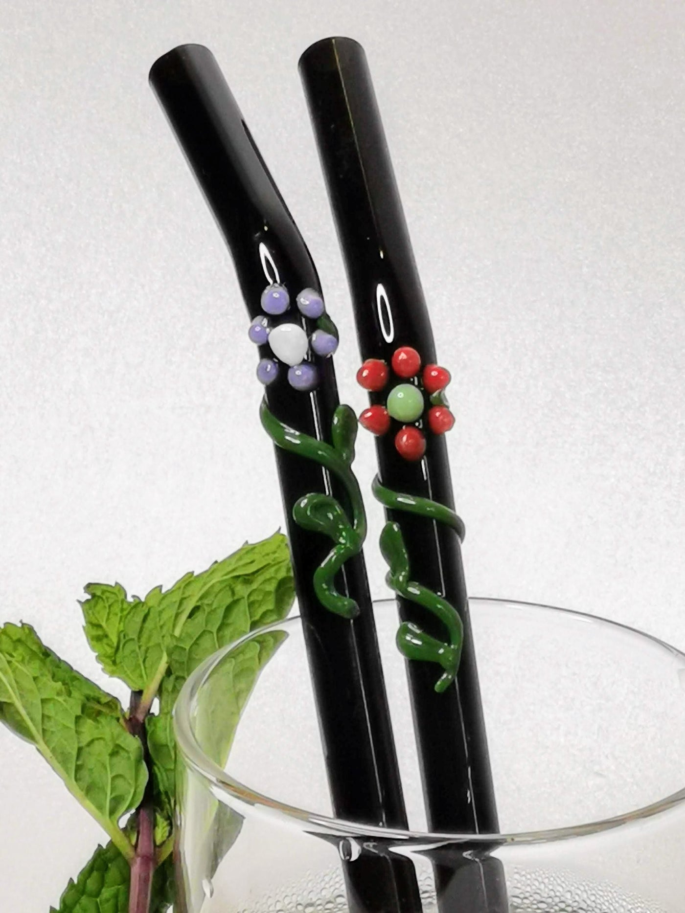 Glass Straws Floral Art  Set of 2 - Onyx Black