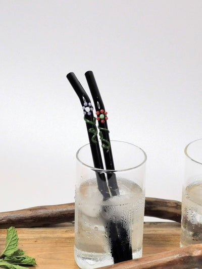 Glass Straws Floral Art  Set of 2 - Onyx Black