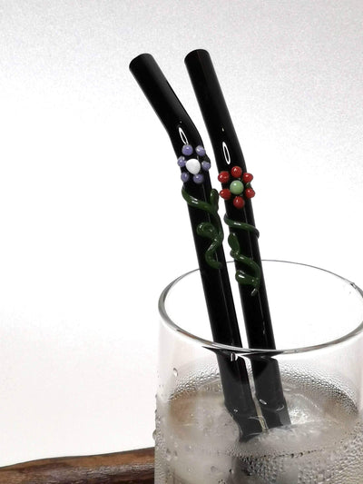 Glass Straws Floral Art  Set of 2 - Onyx Black