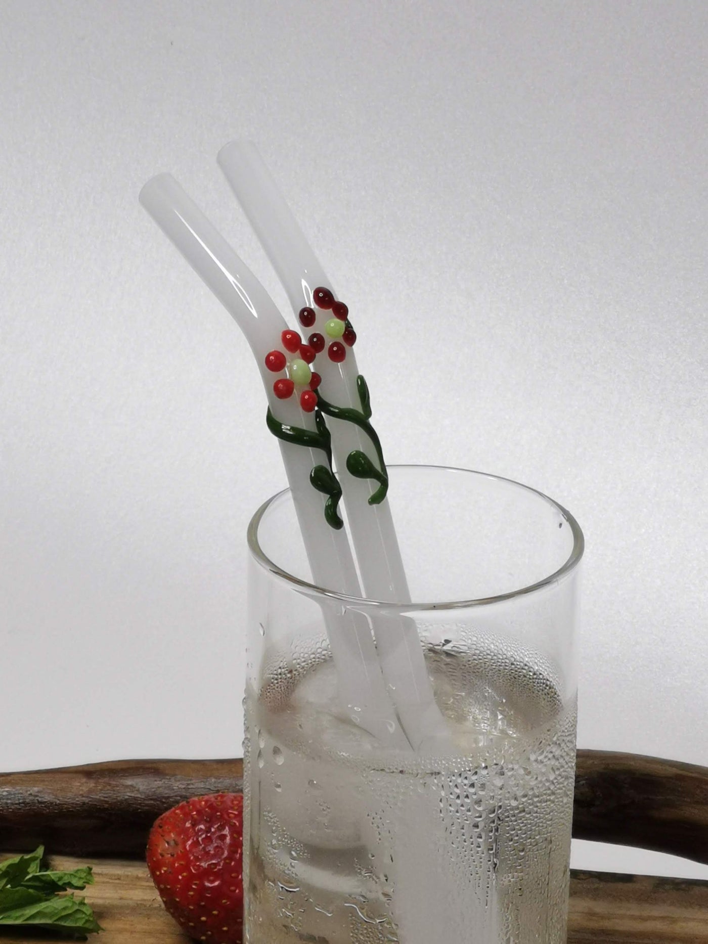 Glass Straws Floral Art  Set of 2 - Opal Floral