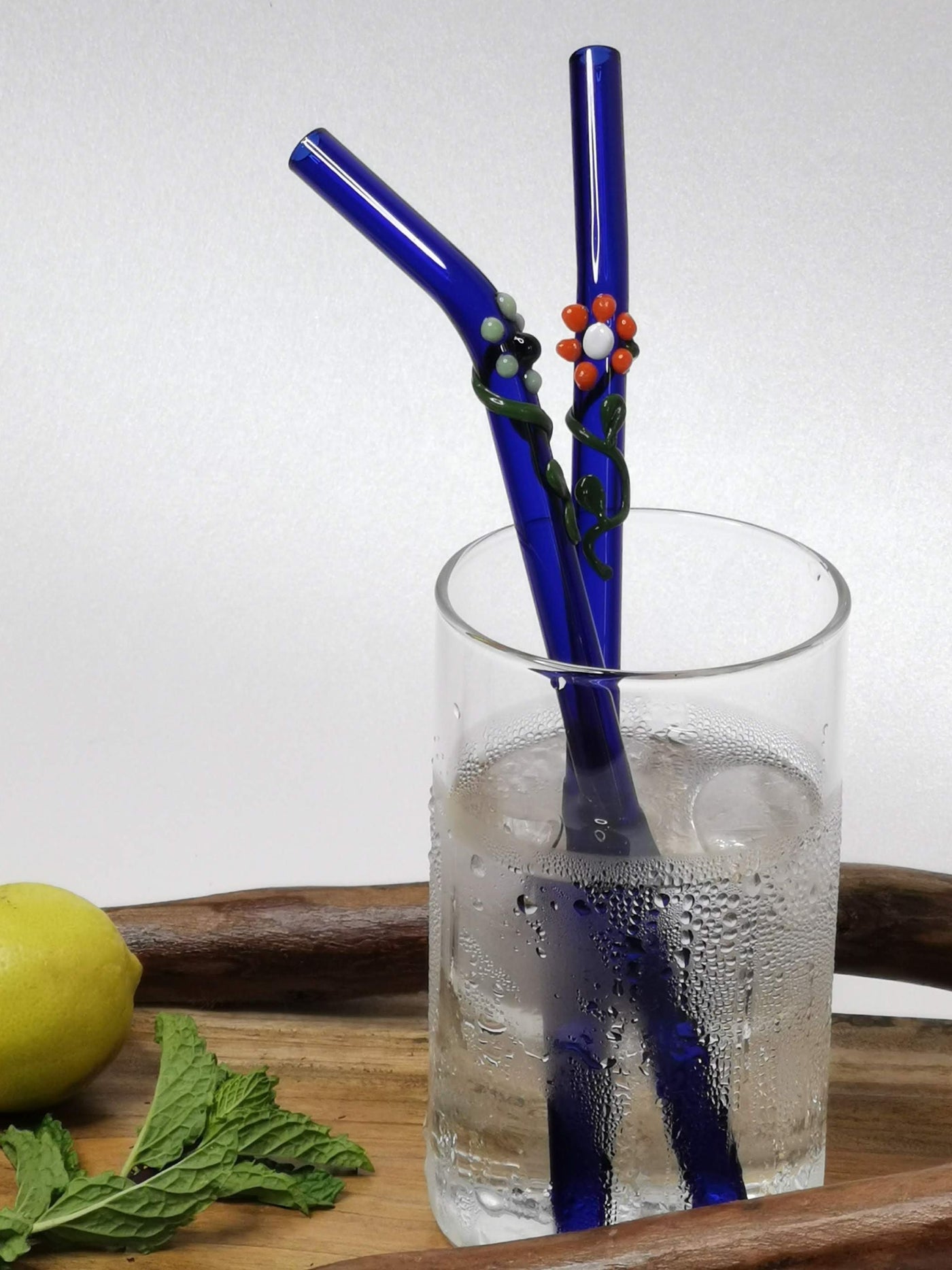 Glass Straws Floral Art  Set of 2 - Blue