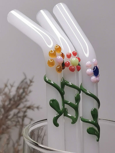 Glass Straws Floral Art  Set of 2 - Opal Floral