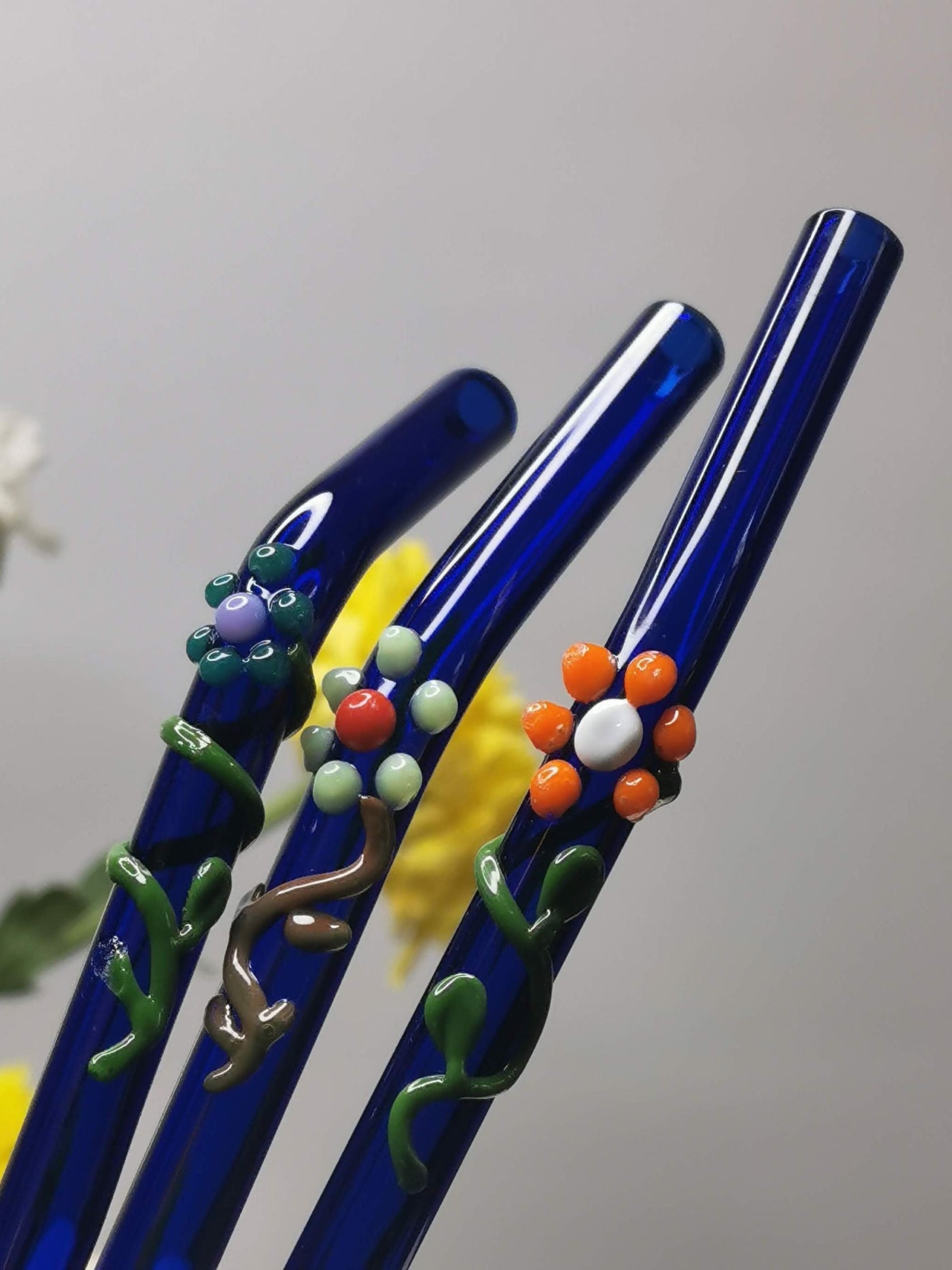 Glass Straws Floral Art  Set of 2 - Blue