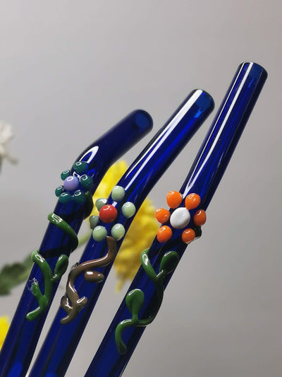 Glass Straws Floral Art  Set of 2 - Blue