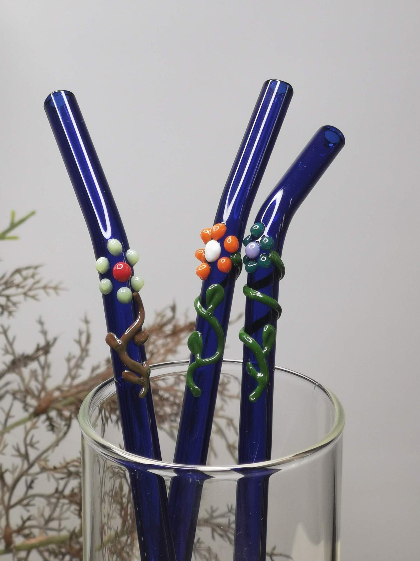 Glass Straws Floral Art  Set of 2 - Blue