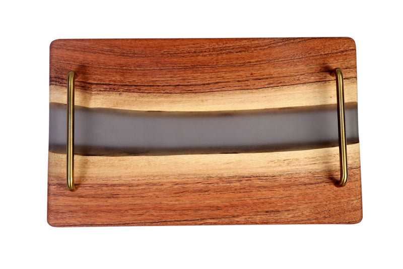 Handcrafted Acacia Wood & Grey Epoxy Serving Tray with Gold Handles