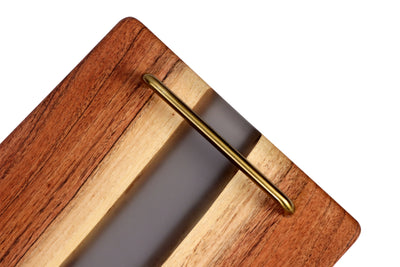 Handcrafted Acacia Wood & Grey Epoxy Serving Tray with Gold Handles