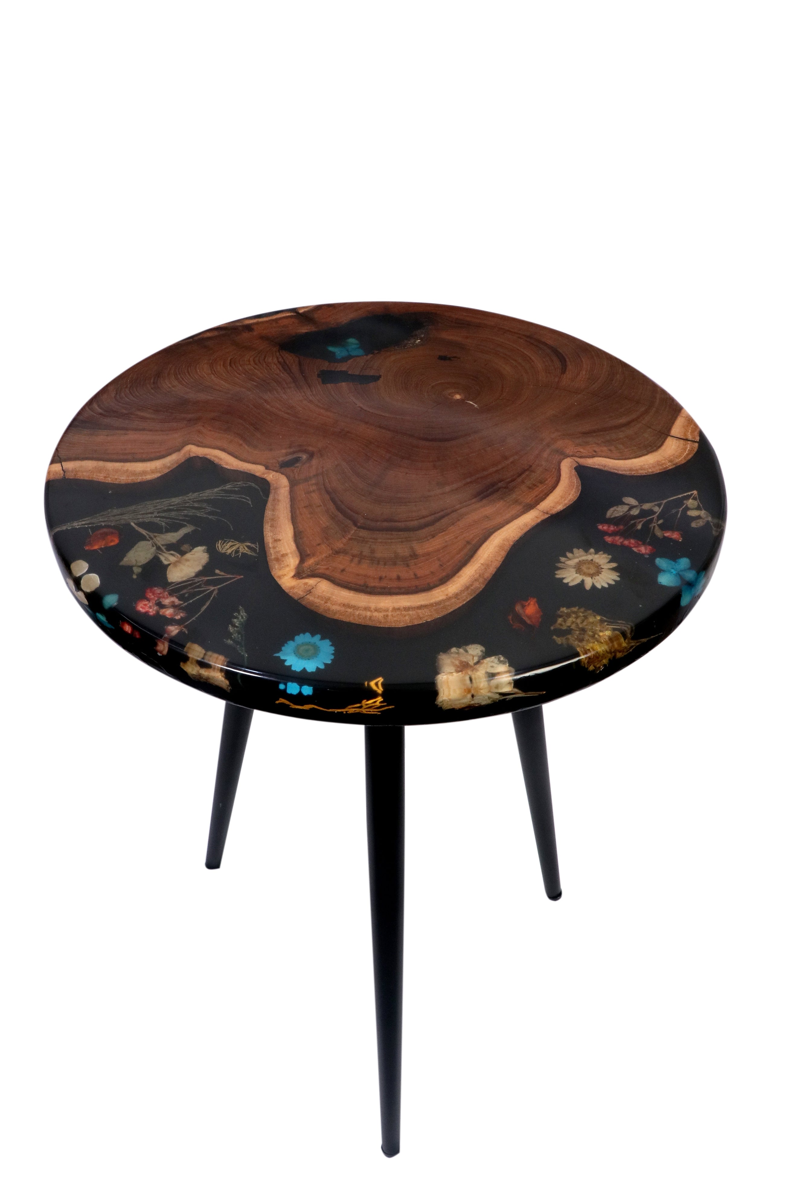 Black Floral Epoxy & Natural Wood Nesting Tables – Set of 3