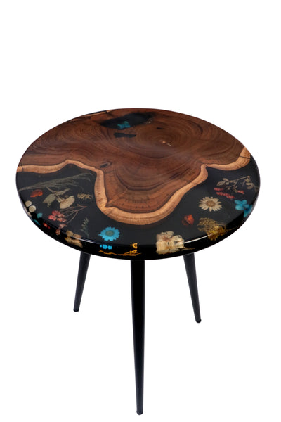 Black Floral Epoxy & Natural Wood Nesting Tables – Set of 3