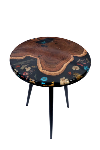 Black Floral Epoxy & Natural Wood Nesting Tables – Set of 3