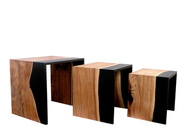 Black Resin & Natural Wood Block Nesting Tables – Set of 3