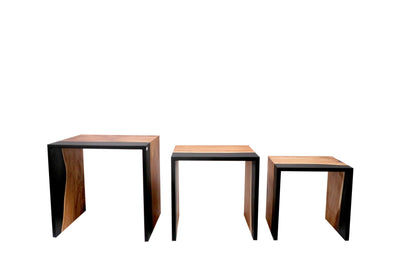 Black Resin & Natural Wood Block Nesting Tables – Set of 3