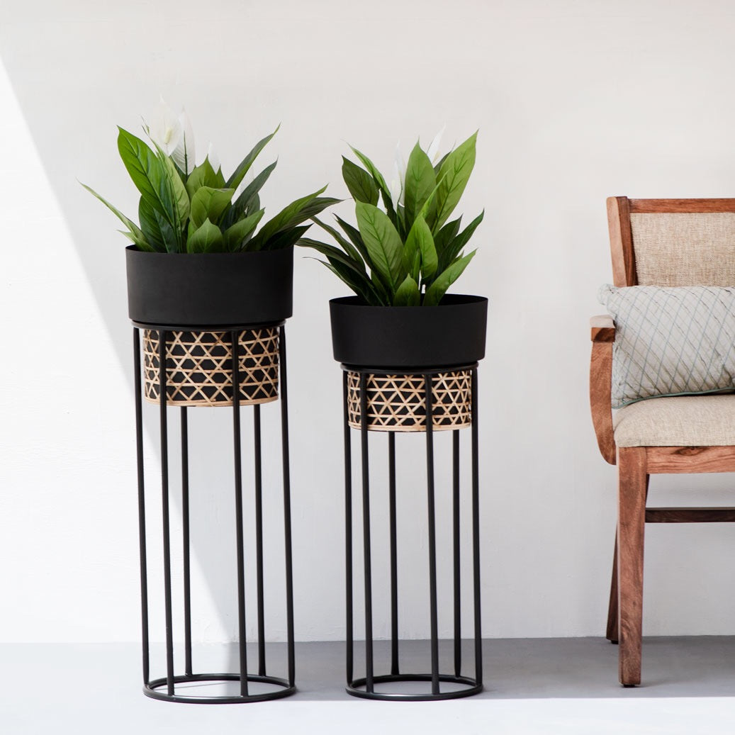 Handwork Cane Planters with Textured Matt Black Finish (Set of 2)