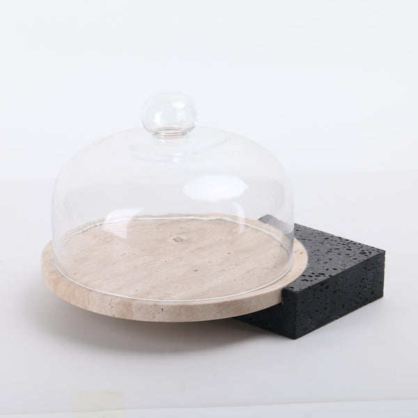Marble-Cake And Dessert Stand With Lid - Black & Beige Large