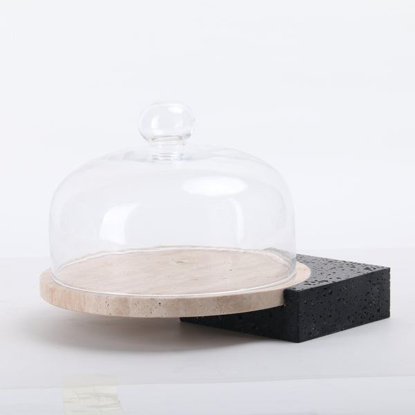 Marble-Cake And Dessert Stand With Lid - Black & Beige Large