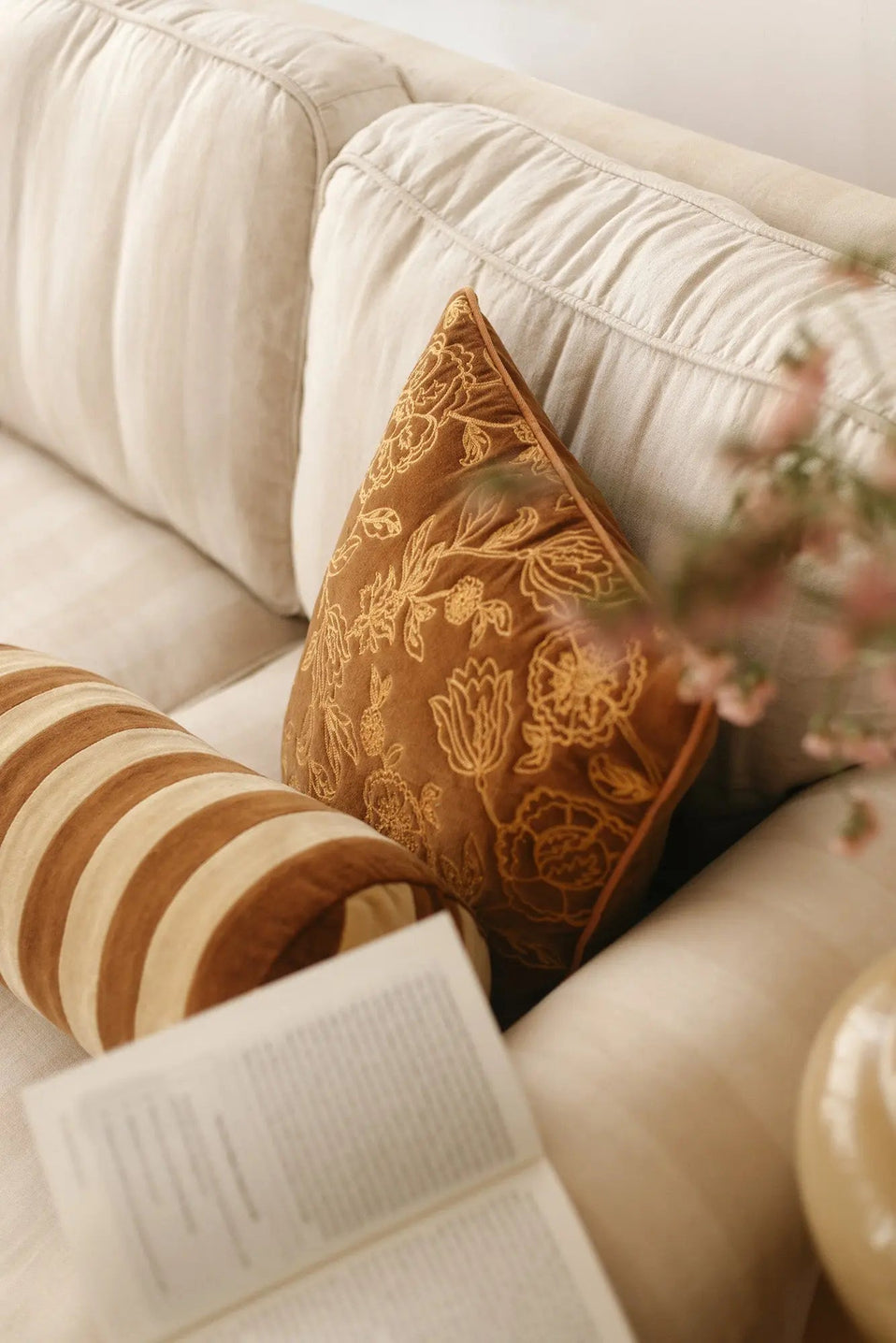 Rosabelle Chintz Tan Brown Lumbar Cushion Cover