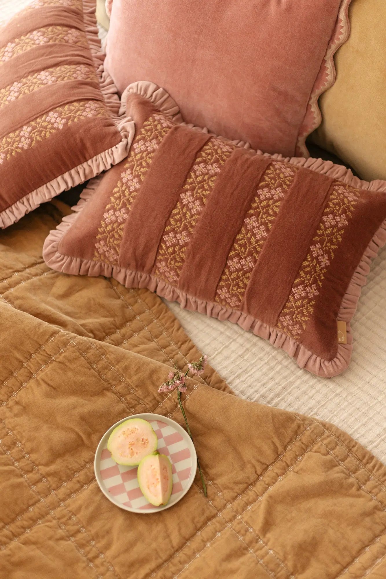 Heather Rhubarb Cross Stitch Oblong Cushion Cover