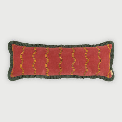 Aria Ruffle Carmine Embroidered Lumbar Cushion Cover