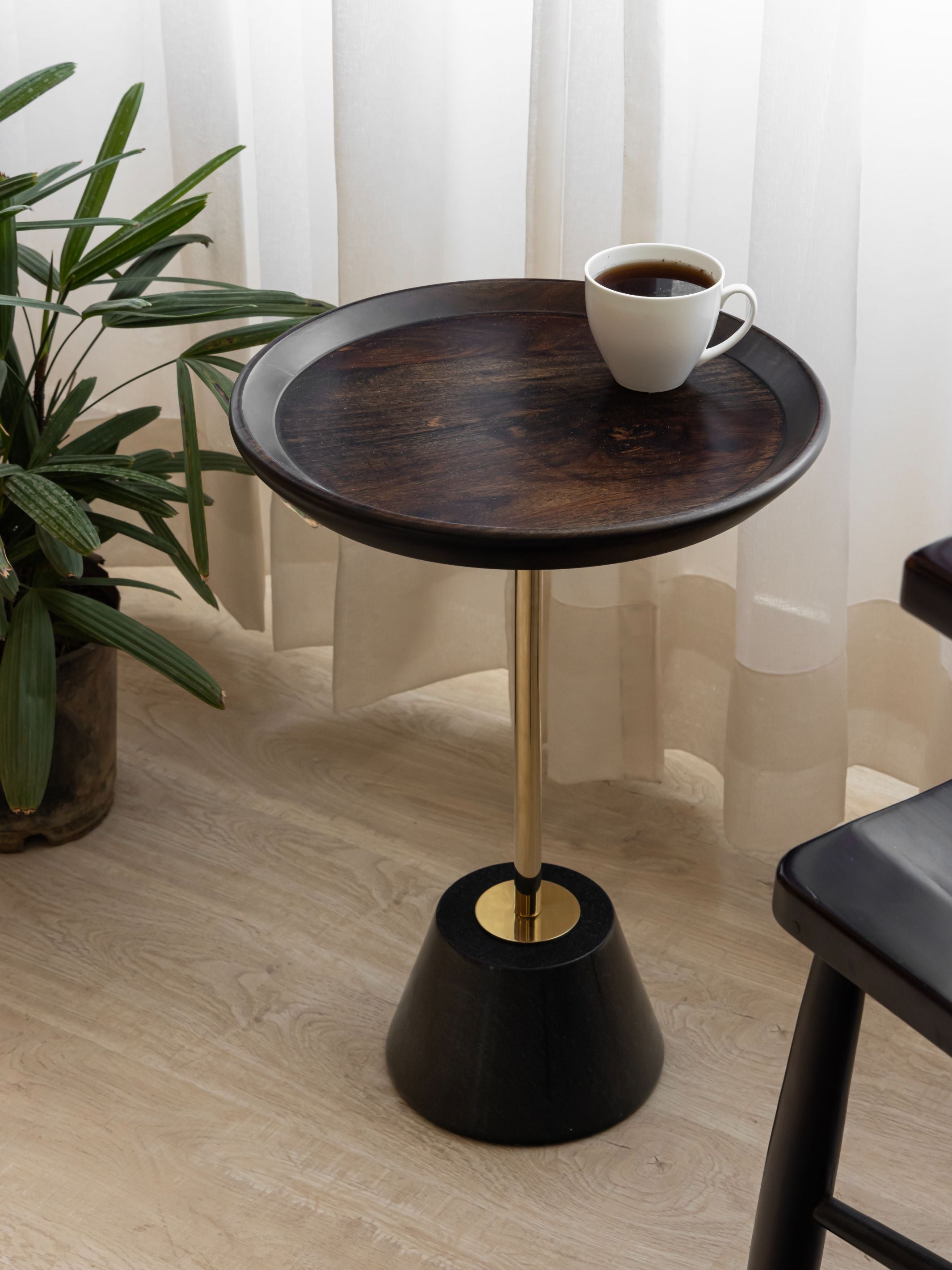 Wood Top Drink Table - Black marble Base