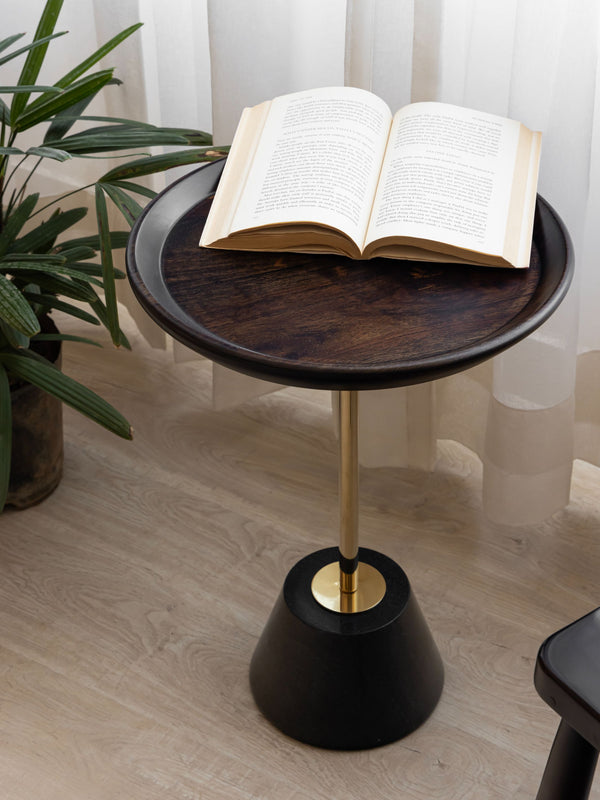 Wood Top Drink Table - Black marble Base
