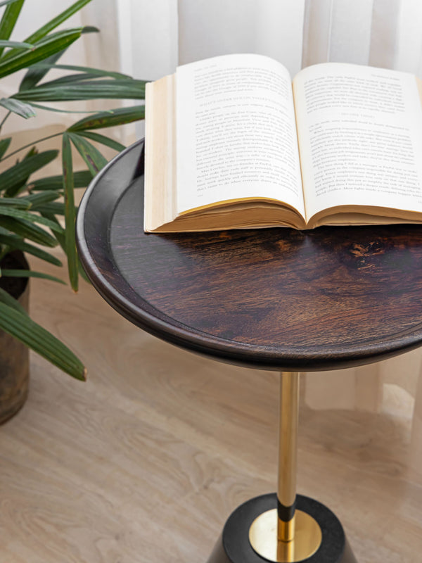 Wood Top Drink Table - Black marble Base