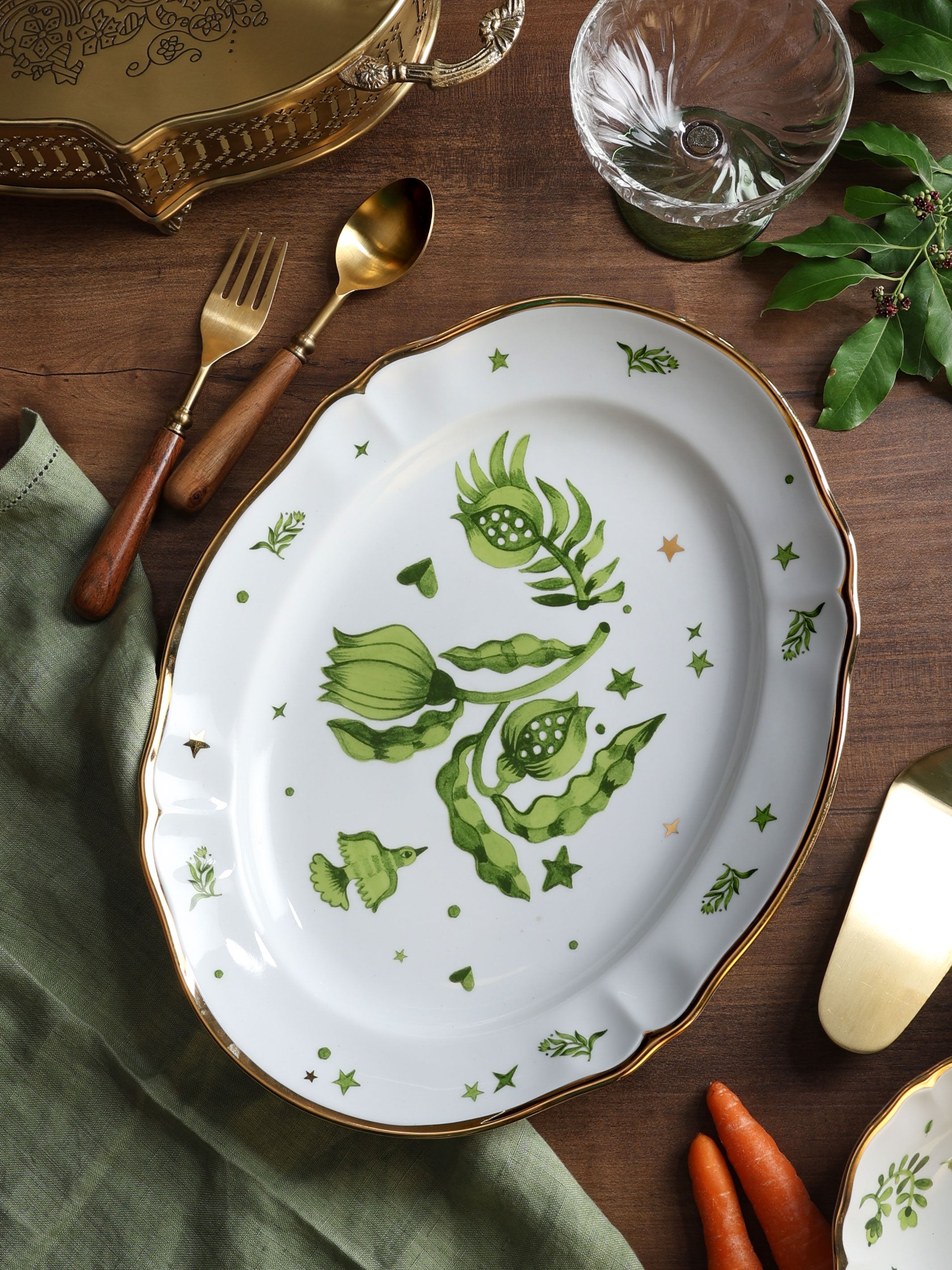 Floral Decal Oval Platter Verde