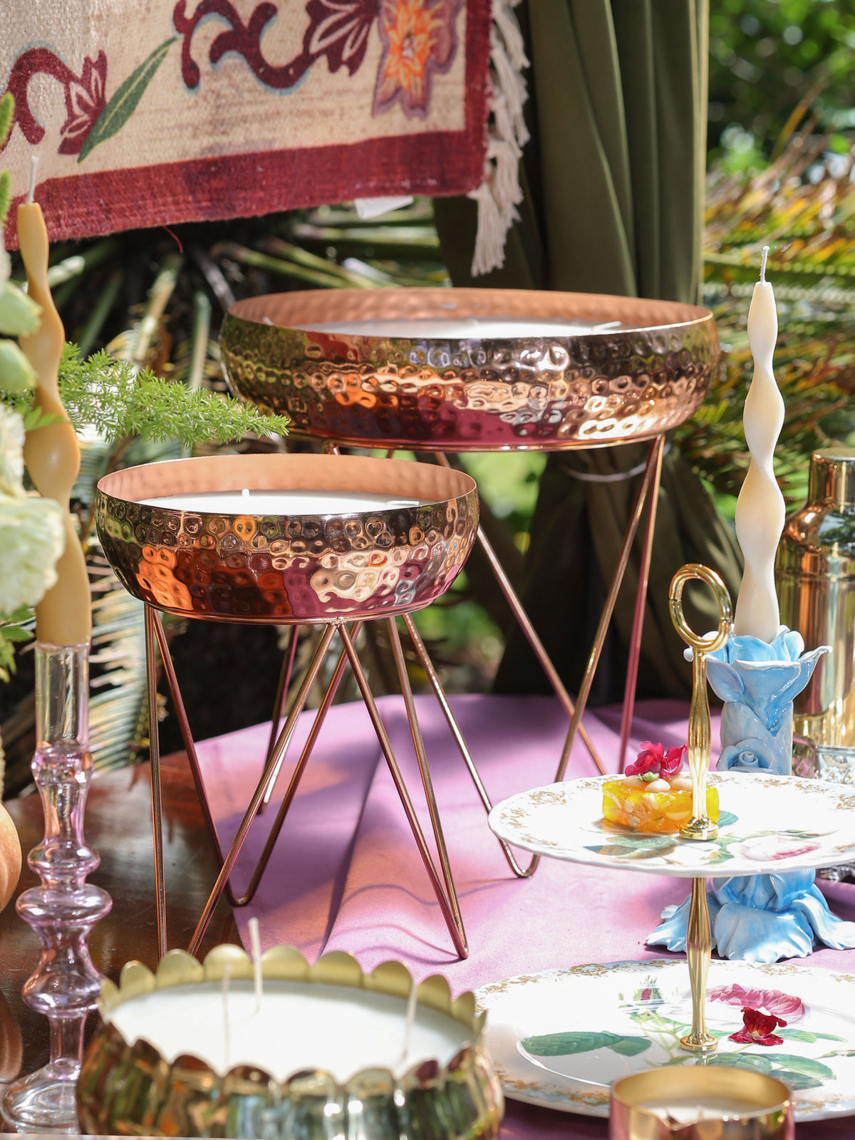 Stardust Rose Gold Hammered Candle Urlis on a stand set of 3