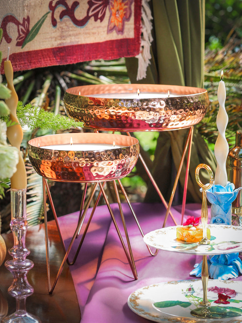 Stardust Rose Gold Hammered Candle Urlis on a stand set of 3