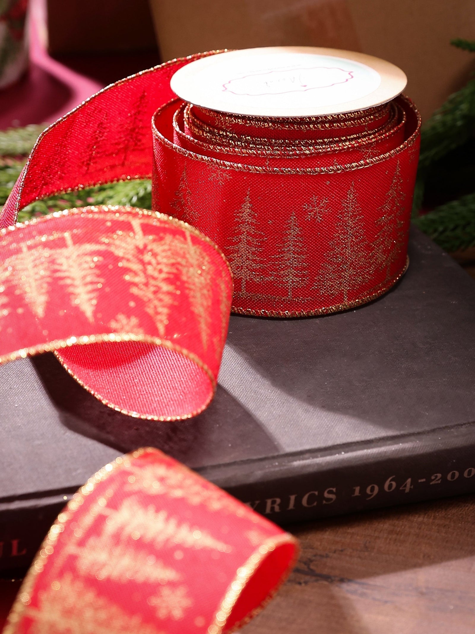 Golden Christmas Tree Ribbon on Red