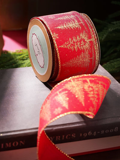 Golden Christmas Tree Ribbon on Red