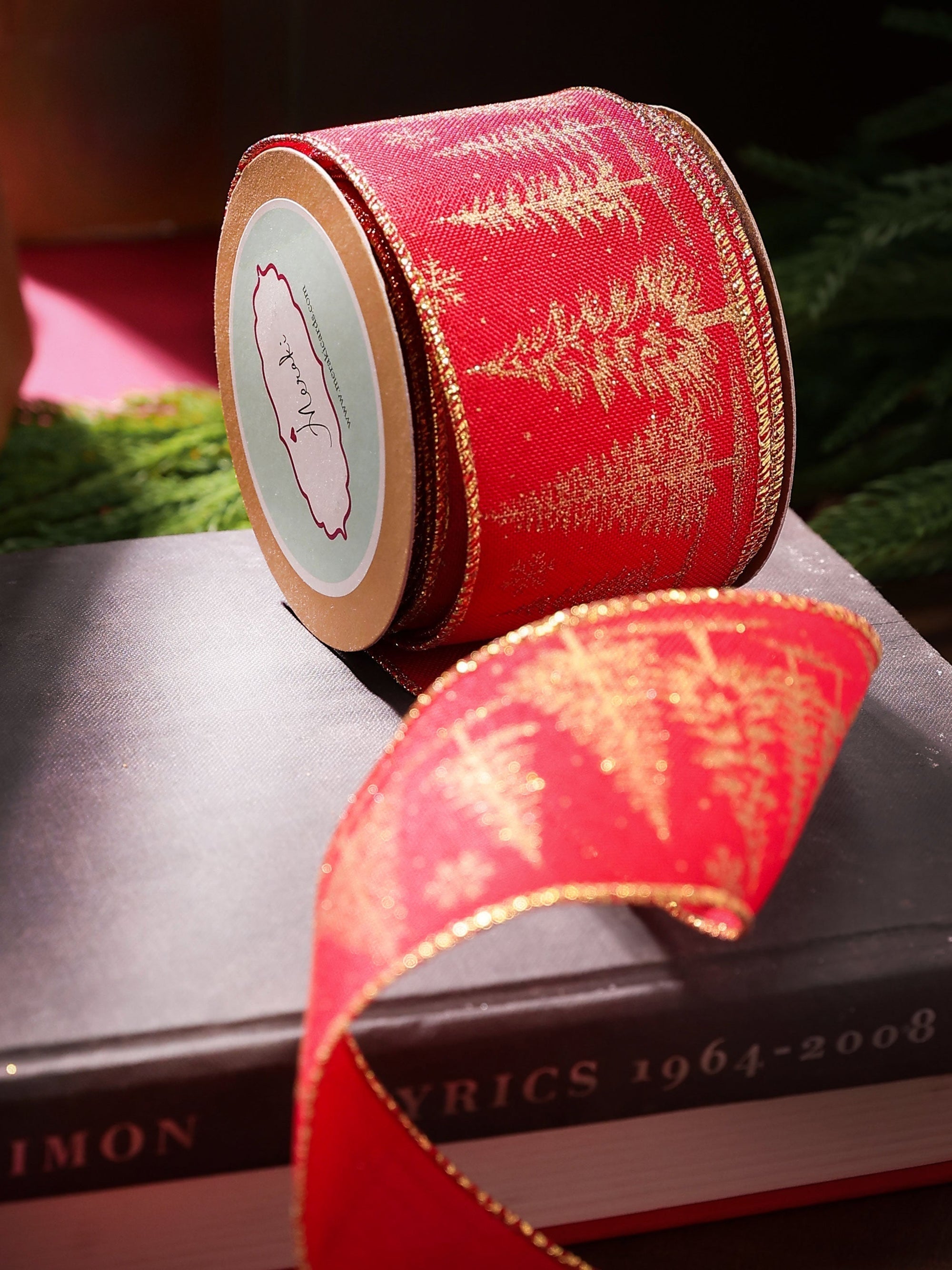 Golden Christmas Tree Ribbon on Red