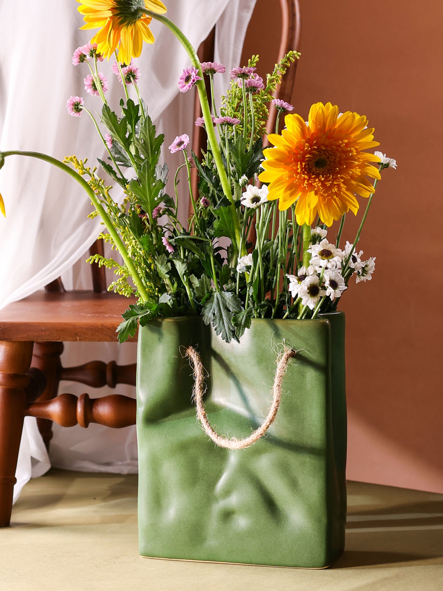 Glimpse Crinkled Paper Bag Shaped Ceramic Vase | Unconventional & Artistic | 8 inch Flower Vase | Olive Green
