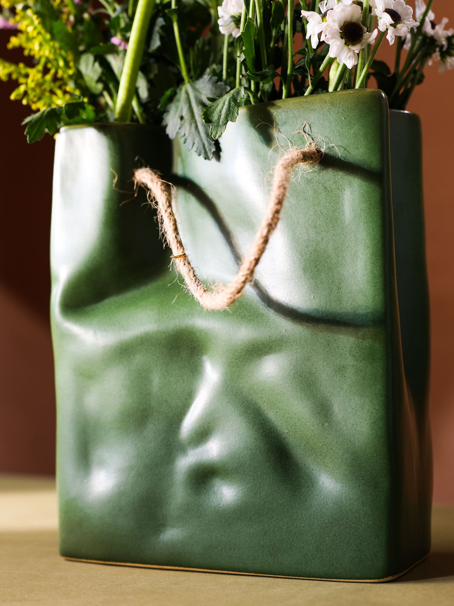 Glimpse Crinkled Paper Bag Shaped Ceramic Vase | Unconventional & Artistic | 8 inch Flower Vase | Olive Green