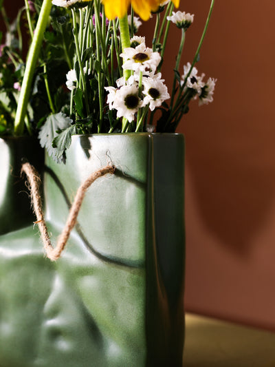Glimpse Crinkled Paper Bag Shaped Ceramic Vase | Unconventional & Artistic | 8 inch Flower Vase | Olive Green