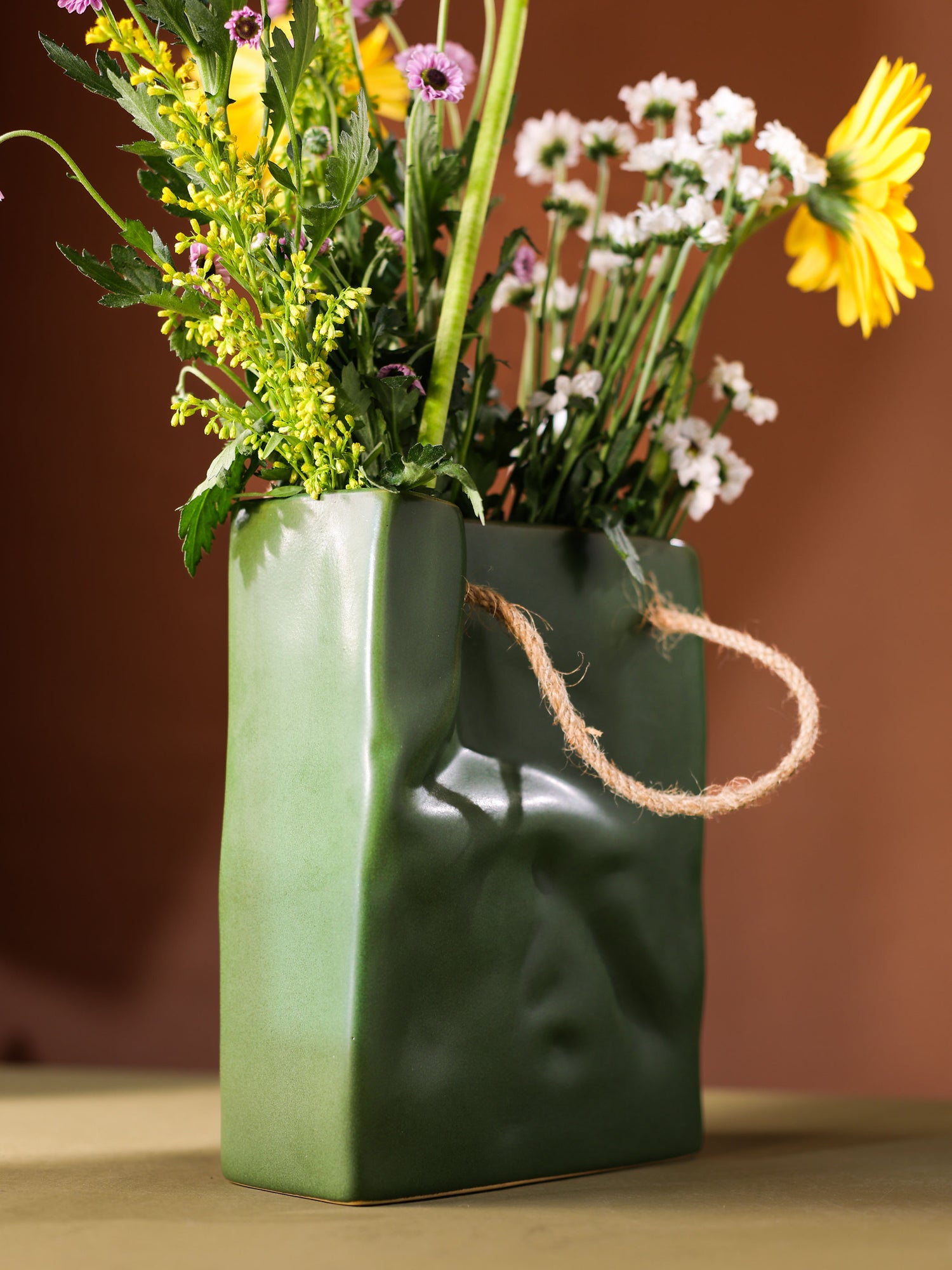Glimpse Crinkled Paper Bag Shaped Ceramic Vase | Unconventional & Artistic | 8 inch Flower Vase | Olive Green
