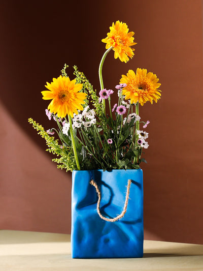 Glimpse Crinkled Paper Bag Shaped Ceramic Vase | Unconventional & Artistic | 8 inch Flower Vase | Korean Blue