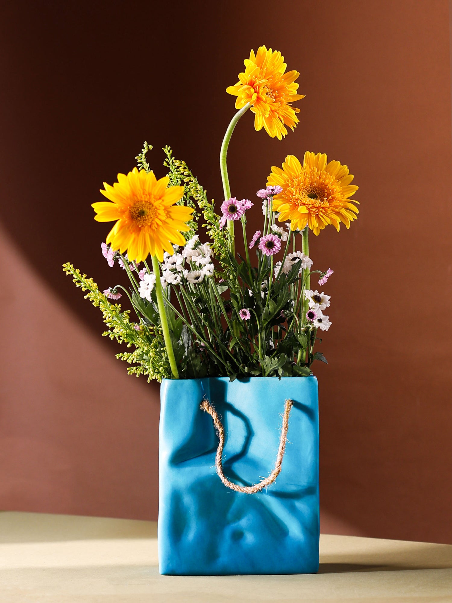Glimpse Crinkled Paper Bag Shaped Ceramic Vase | Unconventional & Artistic | 8 inch Flower Vase | Korean Blue