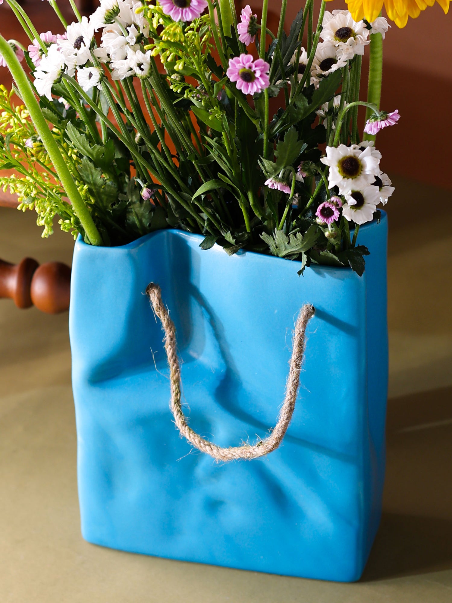 Glimpse Crinkled Paper Bag Shaped Ceramic Vase | Unconventional & Artistic | 8 inch Flower Vase | Korean Blue