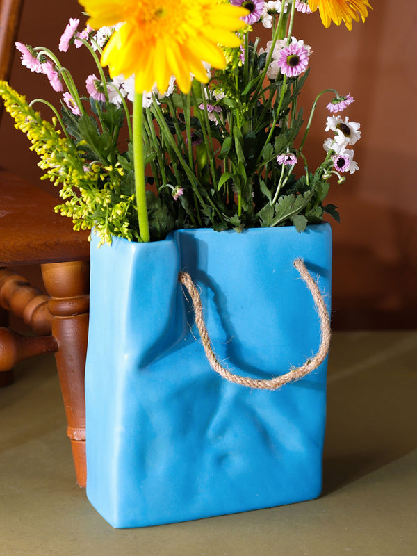 Glimpse Crinkled Paper Bag Shaped Ceramic Vase | Unconventional & Artistic | 8 inch Flower Vase | Korean Blue
