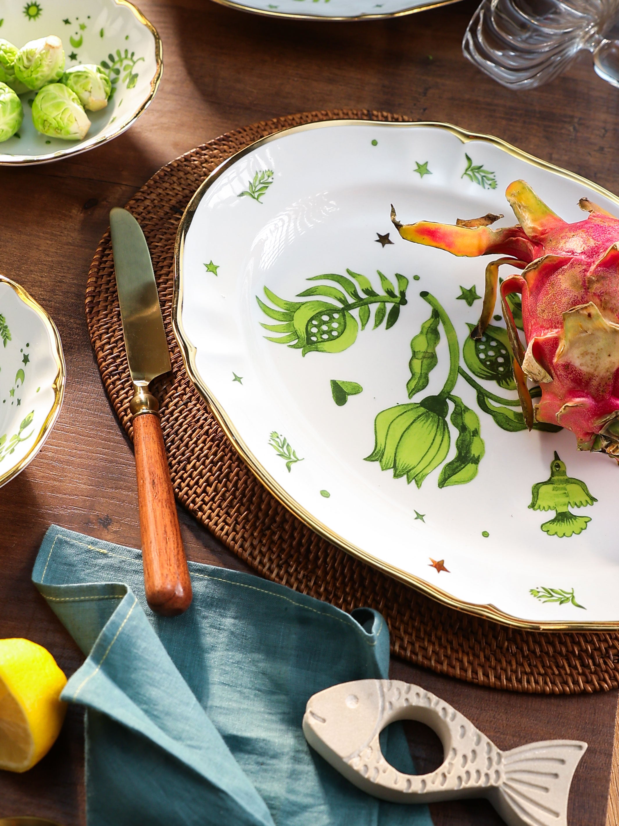 Floral Decal Oval Platter Verde