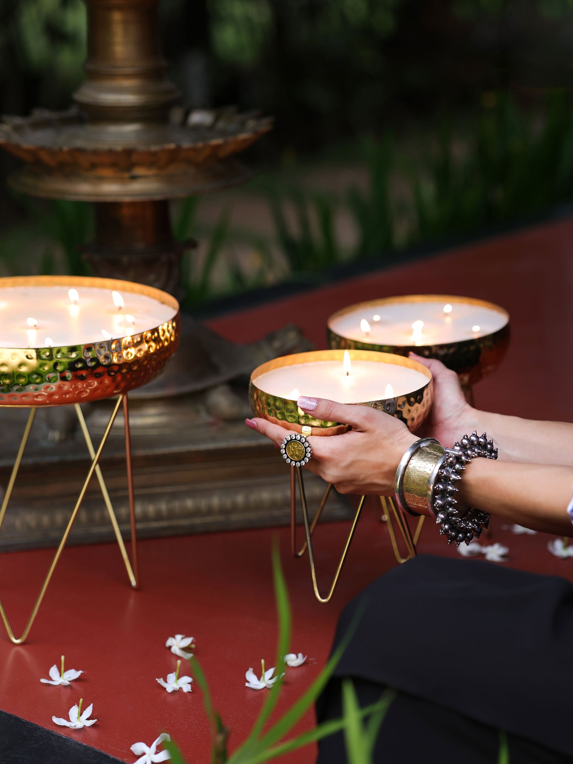 Stardust Gold Hammered Candle Urlis on a stand set of 3