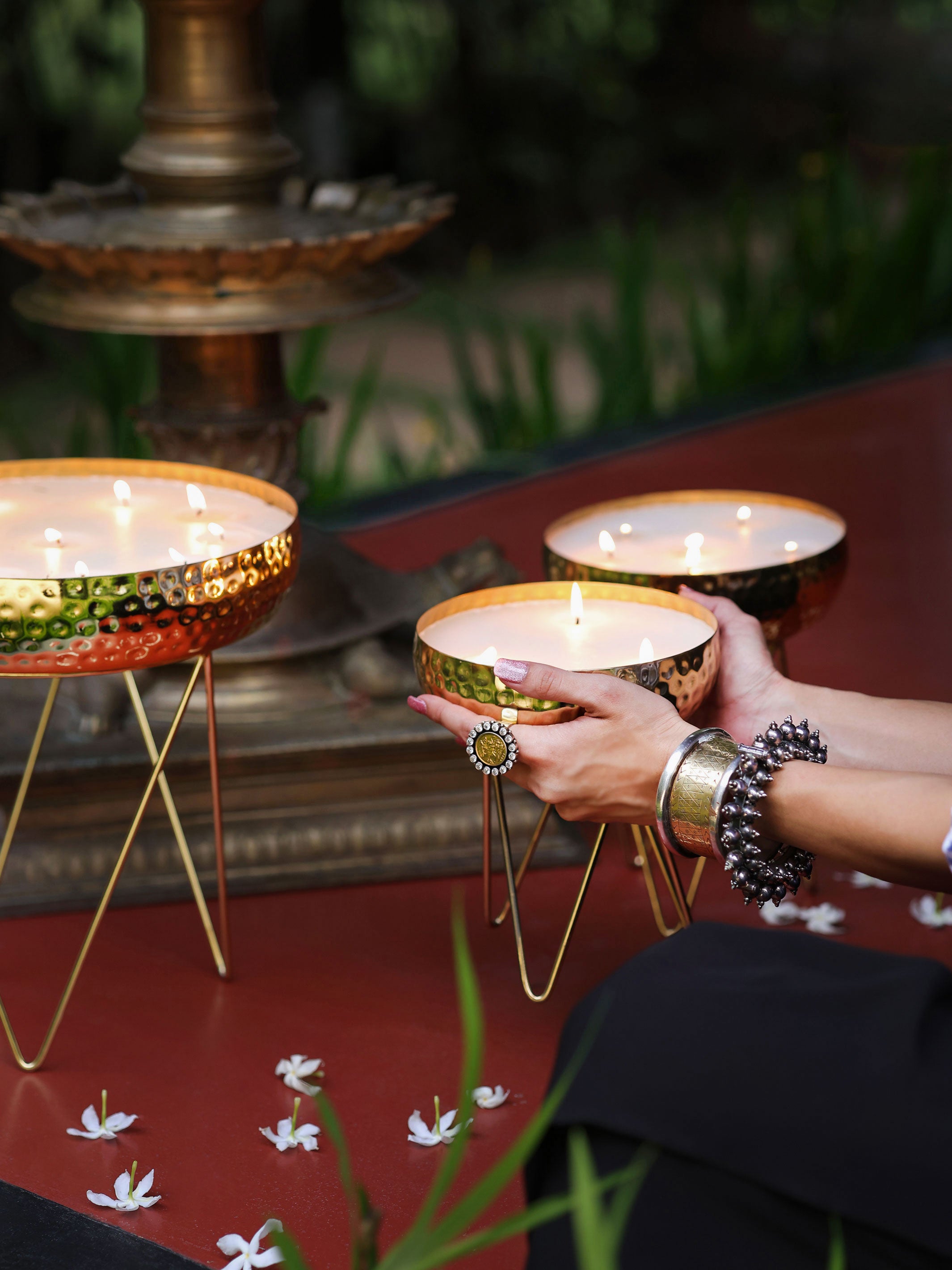 Stardust Gold Hammered Candle Urlis on a stand set of 3