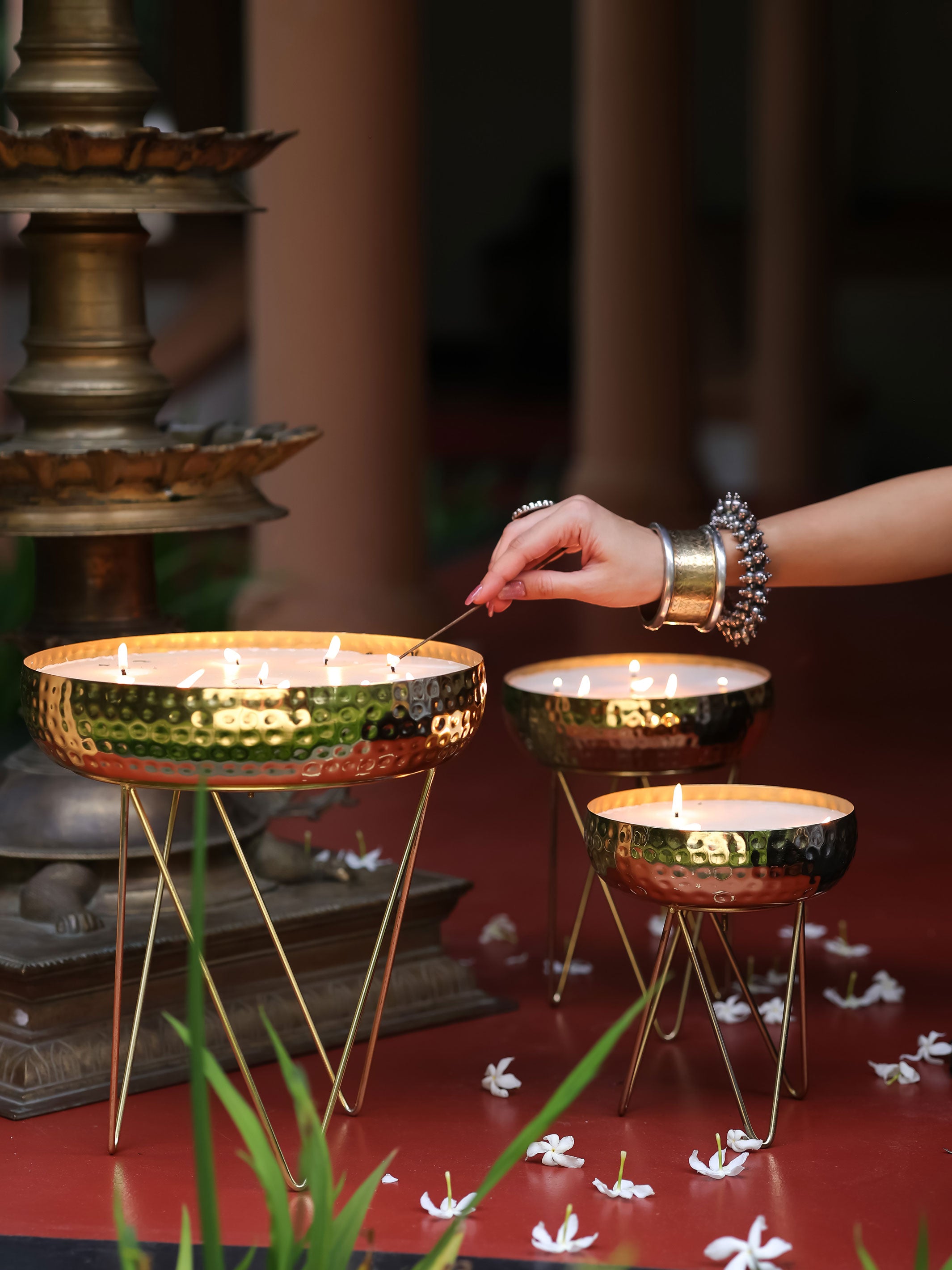 Stardust Gold Hammered Candle Urlis on a stand set of 3