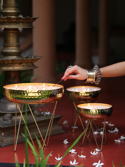 Stardust Gold Hammered Candle Urlis on a stand set of 3