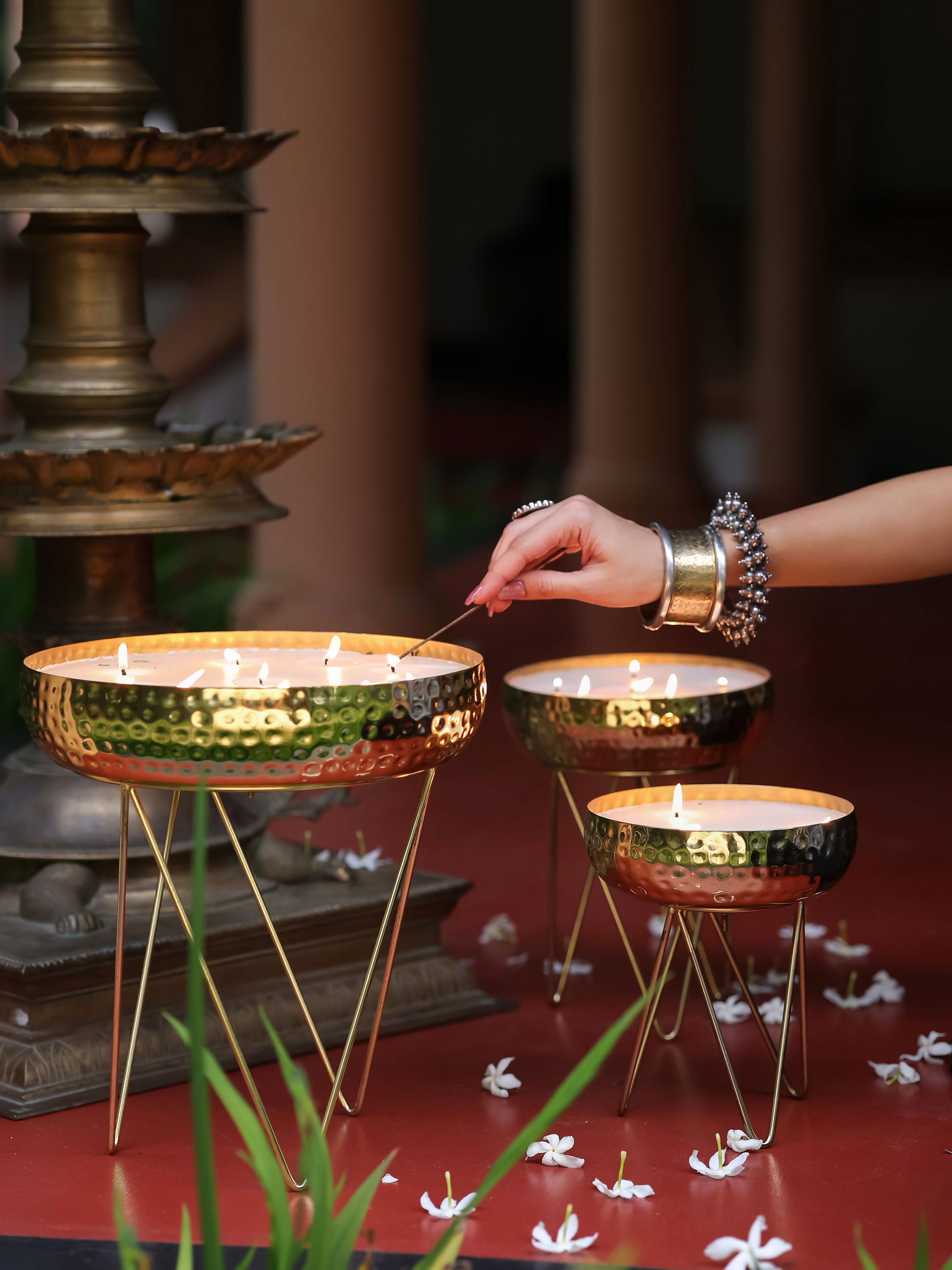 Stardust Gold Hammered Candle Urlis on a stand set of 3